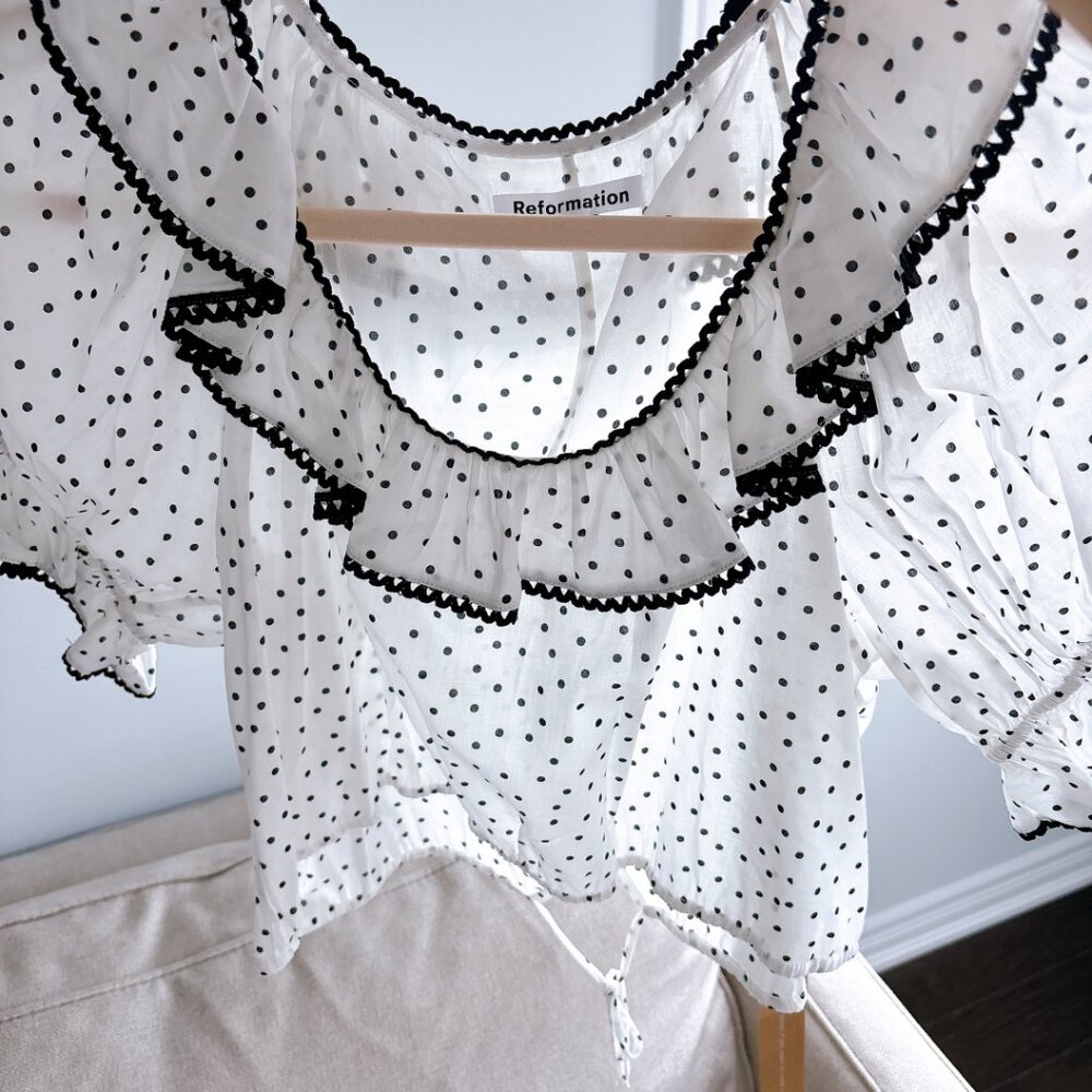 Reformation White Polka Dot Ruffle Cropped Top with Black Trim - Picture 2 of 5